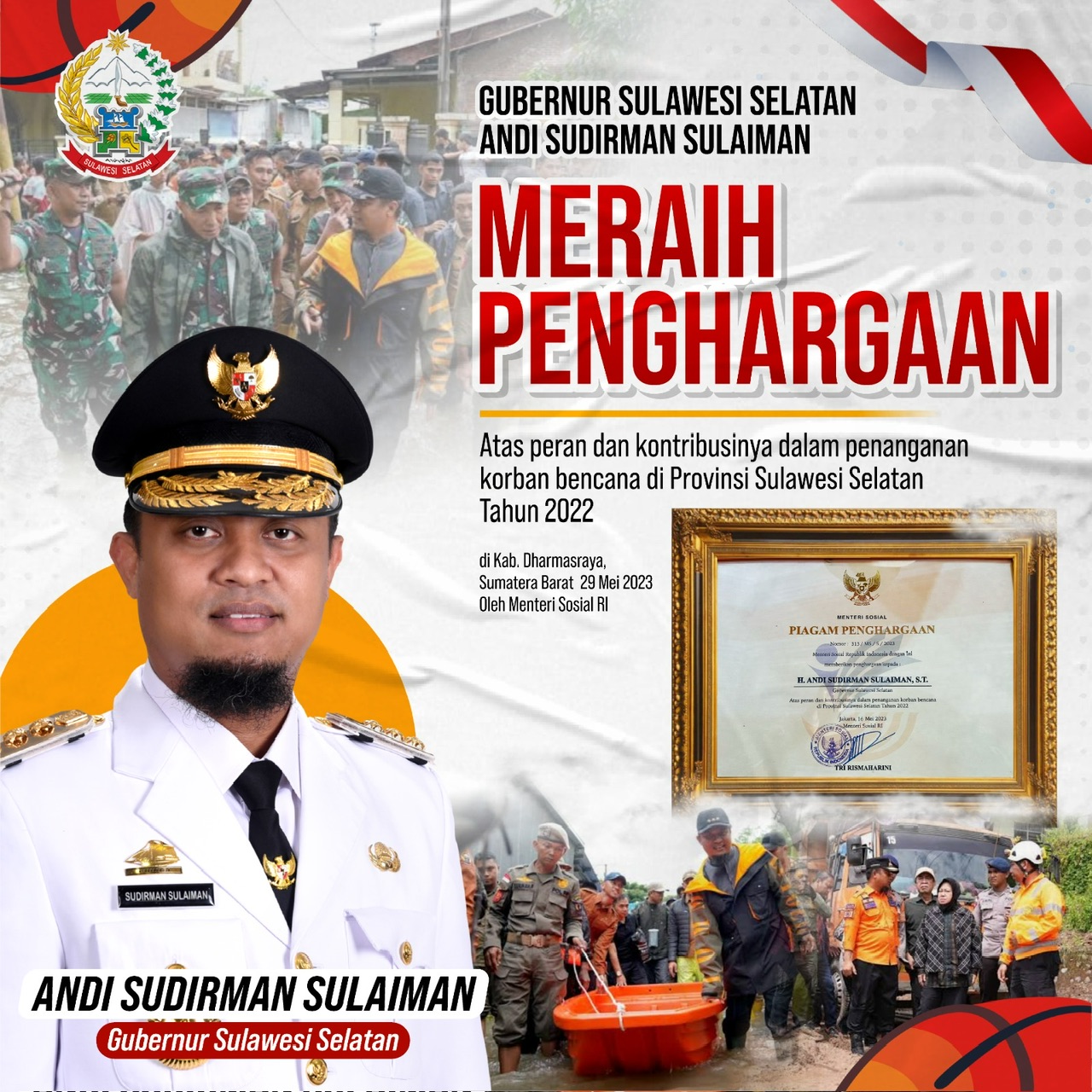Gubernur Andi Sudirman Raih Penghargaan dari Mensos atas Peran dan Kontribusi dalam Penanganan Korban Bencana